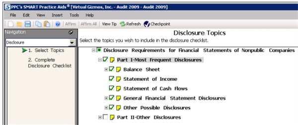 The hierarchical list of available disclosure topics will display in the right pane 3. To select a topic to be included in the checklist, simply select the check box next to the topic name.