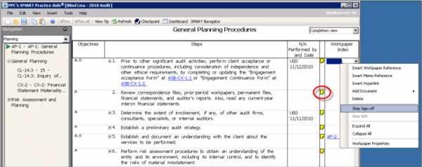COMPLETE AUDIT PROGRAMS Notice that the pop-up menu gives you several other options, including inserting workpaper and memo