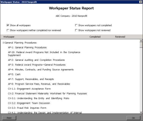 WORKPAPER STATUS REPORT Workpaper Status Report Use this report to view the status of workpapers, including the date completed and the