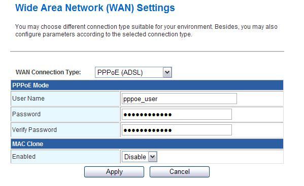 c. PPPoE Item User Name Pasword Verify Password If you select the PPPoE support on WAN interface, fill in the user name and password to login the PPPoE server.