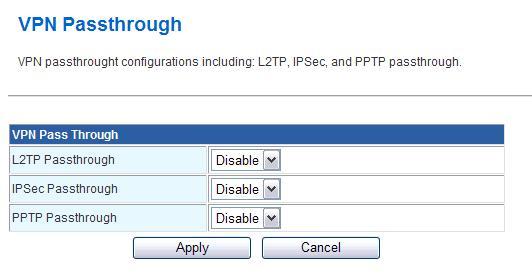 3.4 VPN Passthrough Item L2TP Passthrough Select enable or disable the L2TP pass-through function from pull-down menu.