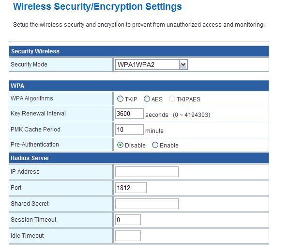 d. WPA1WPA2 If you set Security Mode to WPA1WPA2, please fill in the related configurations at below. Item WPA Algorithms Key Renewal Interval Select TKIP or AES for WPA algorithms.
