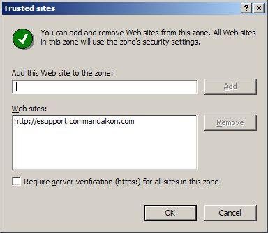 6. On the Trusted Sites screen, uncheck the "Require server verification" option at the bottom 7. Type http://esupport.commandalkon.com into the "Add this Web site" field and click the Add button 6.