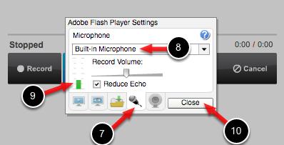 7. Select the Microphone tab. 8. If you are using your internal microphone (built into your computer) to record audio, ensure that the Built-in Microphone option is selected.
