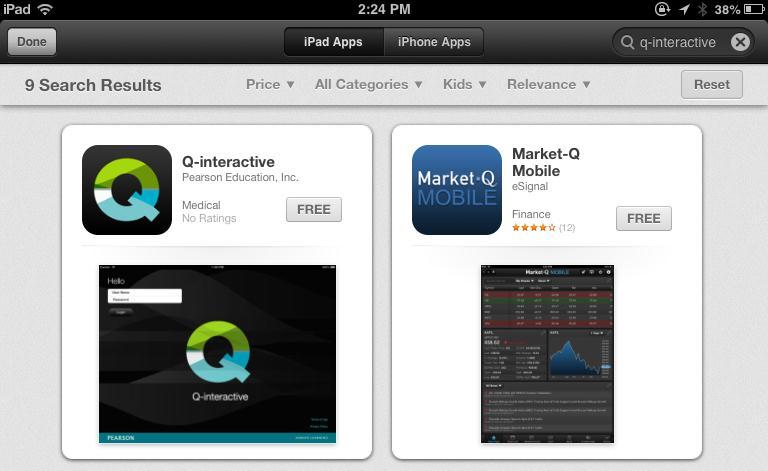 The Q-interactive app will display in the results section.