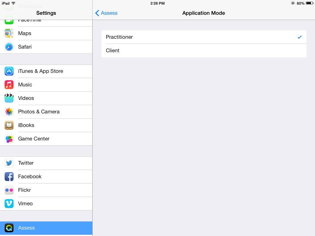 Step 4: Set one ipad to Practitioner Application Mode by touching on Practitioner.