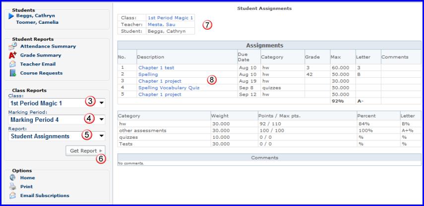 Assignments by Class The Upcoming Assignments table shows assignments for all classes, along with their grade and due date information.