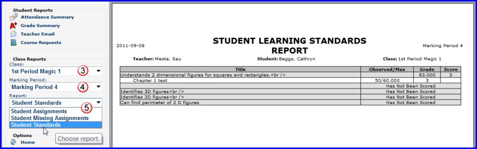 If you navigate away from this page, click Grade Summary from the Student Reports to return. Standards Some schools include standards or objectives with their assignments.