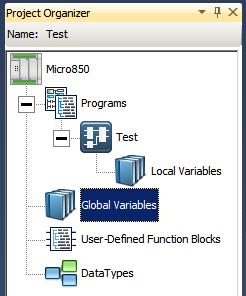 To retrieve the tags from Connected Components Workbench: 1. In the Project Organizer window, select Global Variables.