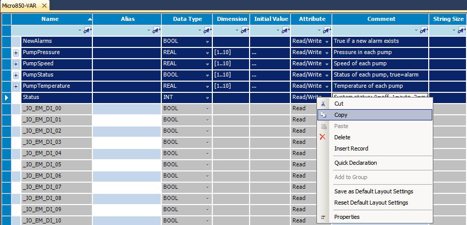 Select the variables that are to be imported into EZware. Right-click in the highlighted area, and select Copy. Note: Predefined addresses (ex.