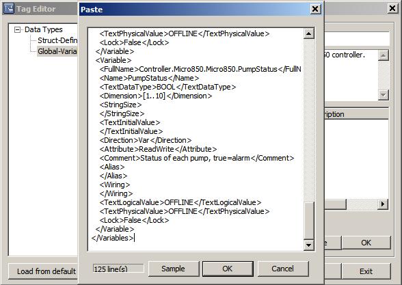 6. Click the OK button. The tags are present in the Tag Editor. 7. The Save to default button is used to save the data into two files: ABMicro850GlobalVariablesDefined.dat and ABMicro850StructDefined.