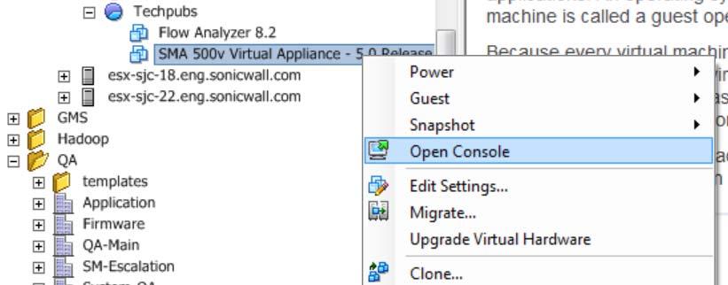 Configuring interface IP and route settings on the console To open the console and configure the IP address and default route settings: 1 In vsphere, right click the SonicWall SMA 500v