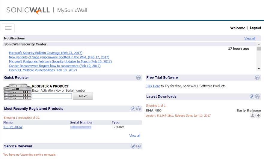 2 Enter your Username/Email and Password in the required fields, then click Login. The MySonicWall page displays the following screen: 3 Click the Downloads button in the left pane menu.