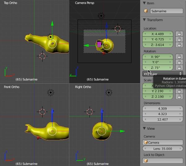 In the right 3D Editor Viewport properties panel set the Z rotation for the submarine object to 75 degrees. (Or whatever degrees it takes to make the submarine turn in camera view).