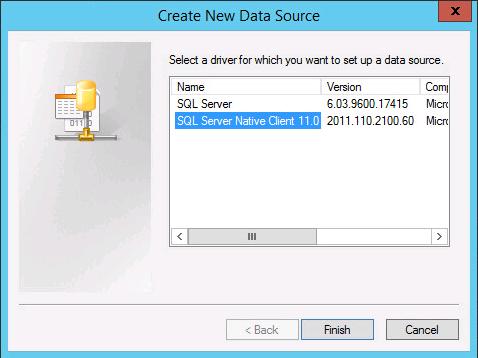 Create new Data source, select SQL server native client.