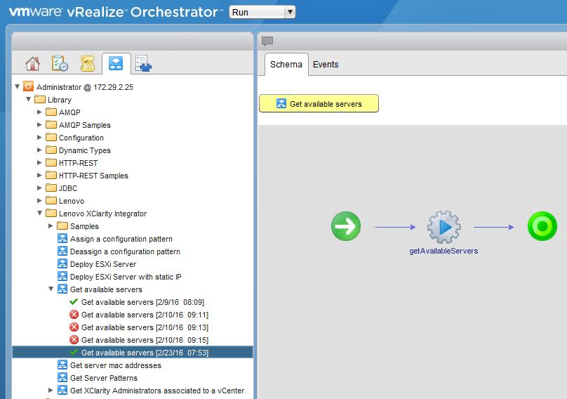 Figure 23: Lenovo XClarity Integrator for VMware vrealize Orchestrator interface The Lenovo XClarity Administrator Content Pack for VMware vrealize Log Insight simplifies the collection and