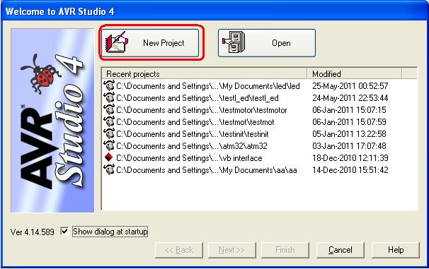 STEP 2: An IDE of AVR will be opened and Welcome to AVR Studio 4 dialog box will be