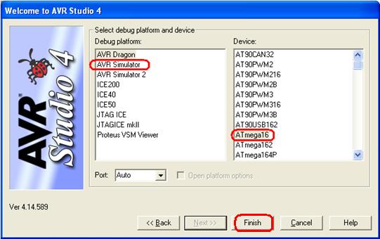 STEP 5: Select AVR simulator from the list of Debugging platforms and select the device as ATmega16.