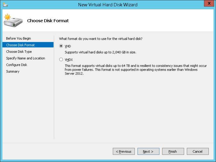 (12) In [Choose Disk Format], select [VHD], and then