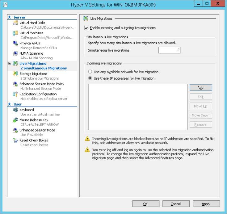 (2) In [Hyper-V Settings], click [Live Migration] in the left pane, and then select the [Enable incoming and outgoing live migrations] check box in the right pane.