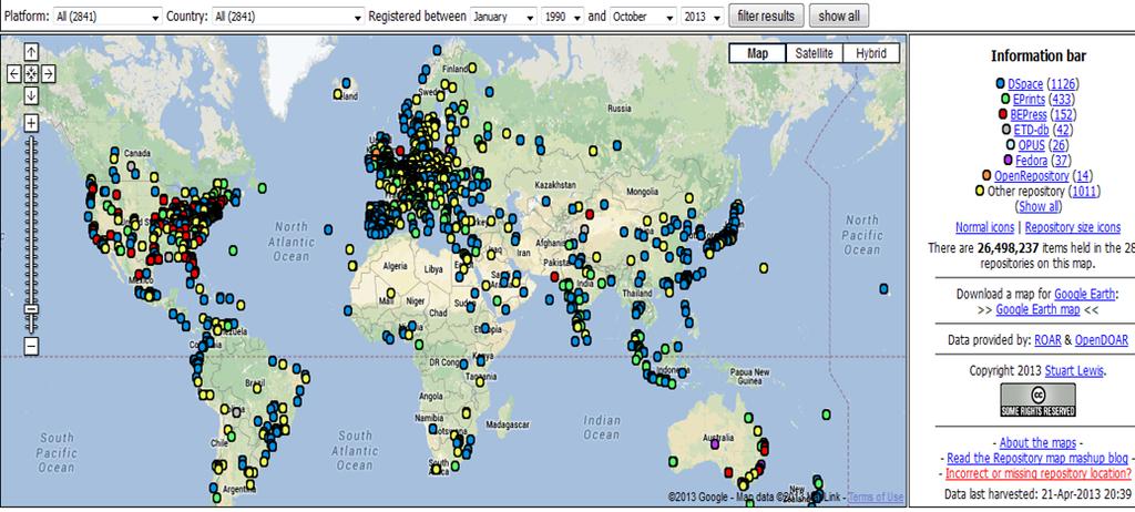 2 Figure 1.1. Map view of repositories used worldwide. Source: Repository 66, Repository66 Maps. Repository 66, http://maps.repository66.org/, accessed December 2013, April 21, 2013. 1.2 SDSU AND DSPACE The digital collections in San Diego State University are stored currently in DSpace.
