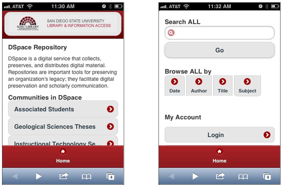 31 CHAPTER 5 IMPLEMENTATION OF DSPACE ON MOBILE FOR SDSU SDSU DSpace consists of many features and in this thesis a new mobile theme customized for SDSU has been implemented.