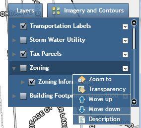 Properties for the layers can also be accessed by clicking the drop down arrow to the right of the layer name. Clicking Zoom To will zoom the map to the scale where that layer is visible.