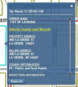 TAX PARCEL POPUP After a parcel has been selected and zoomed to or if the map is zoomed (without completing a parcel search) to a scale where the tax parcels are visible, the tax parcel popup tool