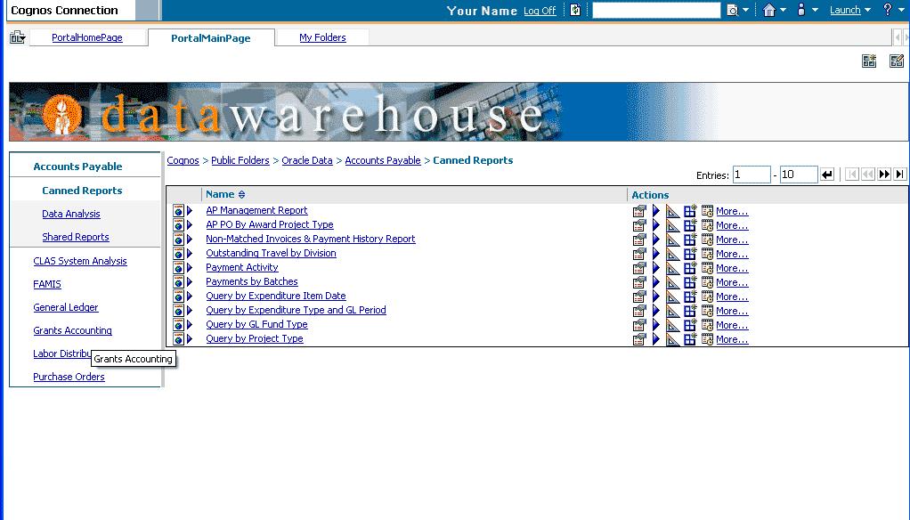 Additional Navigation Information Using the Navigation Tabs Cognos Report Studio Guide To navigate to the Caltech Data Warehouse