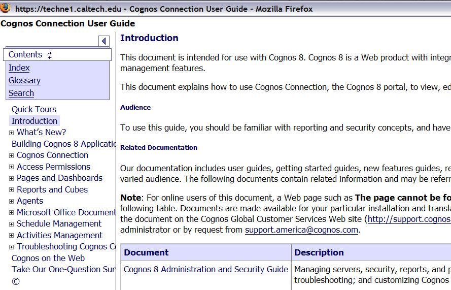 Help step by step: 1. Click the Help menu on the navigation bar. 2. Select Help. The COGNOS help window opens. 3.