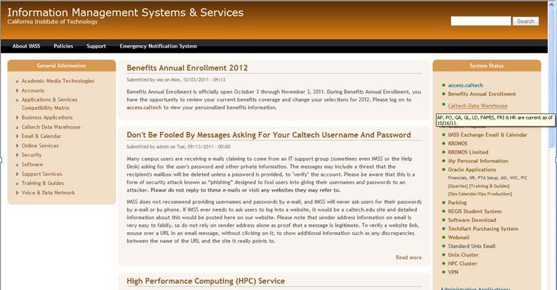 Logging into Cognos 1. Navigate to the IMSS page at the following url: www.imss.caltech.edu.