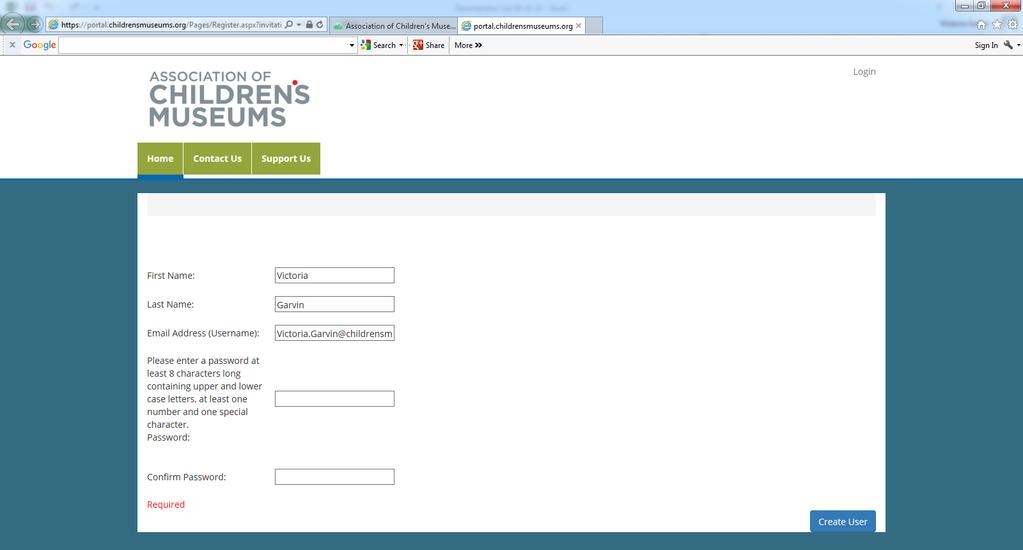ACM Online Portal Login Set Up Screen: Using the link in the email from ACM will