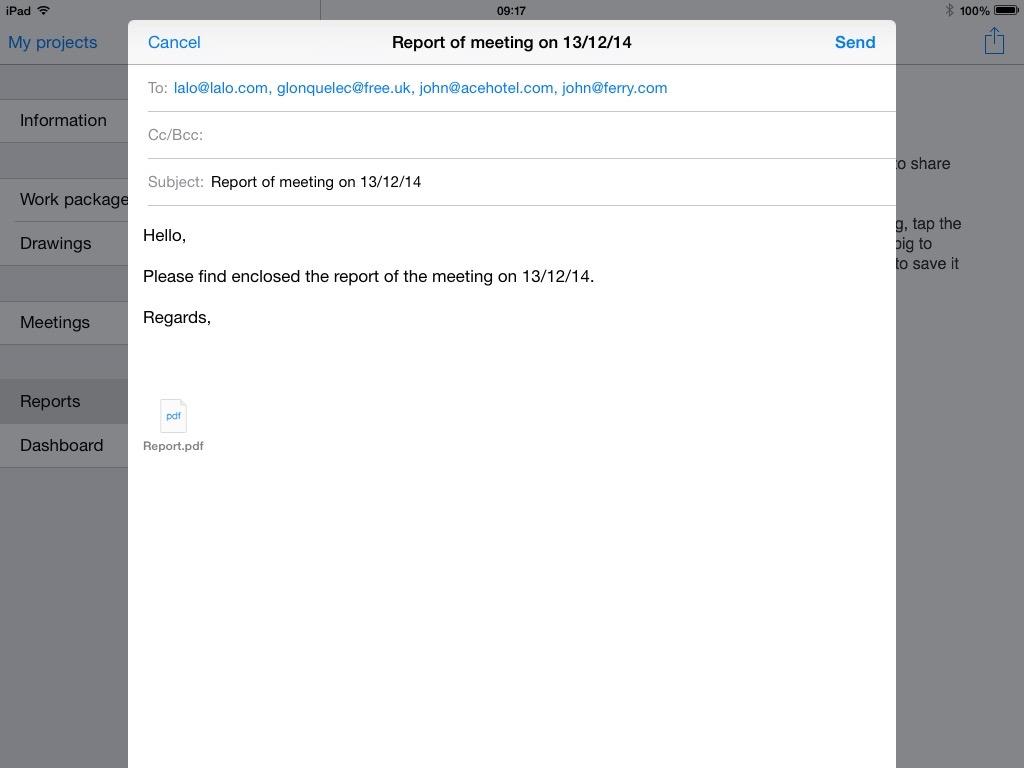 When you tap Done, the report and all associated drawings will display in your regular mail window.