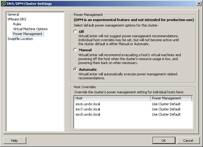 You can then enable VMware DPM on the DRS cluster. In the same Cluster Settings dialog box, select Power Management in the left pane as shown in Figure 1.