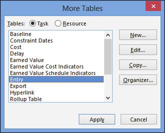 Select View, Data group, Tables, More Tables to open the More Tables form: To create a new Table. To edit the highlighted Table. To copy the highlighted Table.