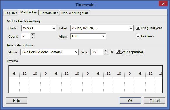8.6.3 Format Timescale Command The Timescale form provides a number of options for timescale display, which is located above the Bar Chart, and the shading of Nonworking time.