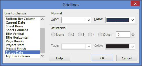 To format the Gridline select Format, Format group, Gridlines, Gant Chart and select Gridlines to open the Gridlines form: Gridlines or Right click in the Select the