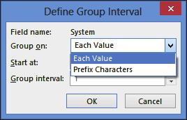 The Define Group Interval form is available with many Group By options, such as Start or Finish, and allows further formatting options by defining the intervals of the banding.