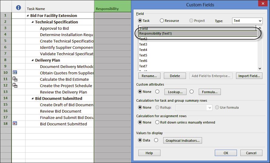 2. Grouping by Responsibility Remove the previous grouping by selecting [No Group], Use the Add New Column command to add a Text 1 as a new column, Drag this new column so it is beside the Task name