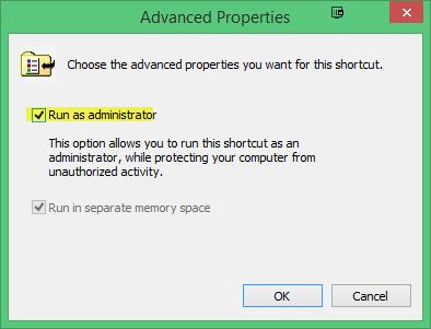 11. In the Advanced Properties dialog box, select Run as administrator OK. Now double-click the shortcut to run the XAMPP Control Panel. 12.