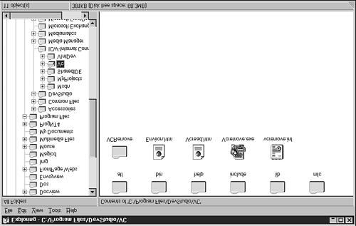 figure 18.1 The Windows Explorer uses a list view control. List views are very popular with users because they offer several different ways to display information.