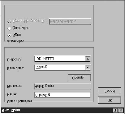 figure 4.3 The New Class dialog box. Click the button labeled OK. The CHelloDlg class is generated, and two files will be added to your project: The HelloDlg.h file contains the class declaration.