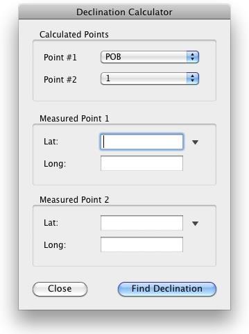 Declination Calculator This function will find the declination between two lat/long points calculated by the software and two lat/long points as measured by a separate device.