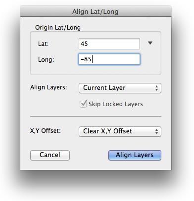 Align Layers by Lat/Long: This form will allow you to align layers via their POB Lat/Long values. Note: This option is not available for drawing's with their origin set to Auto-Center.
