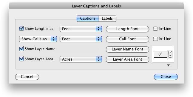 Captions and Labels Pressing this button will bring up the Layer Captions and Labels form. The Show Lengths option will draw the line lengths on the drawing.