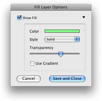 Fill Color Pressing this button will bring up the Fill Layer Form. When Show Fill is checked, the plot area will be filled with the selected color.