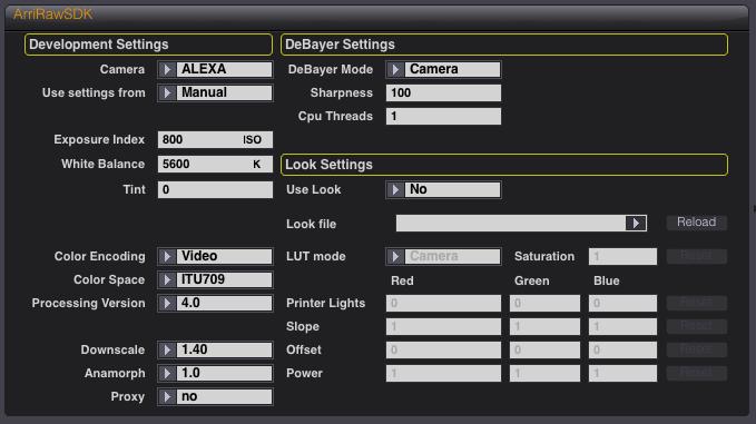 The ARRIRAW SDK panel With this panel, you can modify the parameters that will have an impact on the rendered image: Development Settings Camera Use settings from Exposure Index Choose whether the