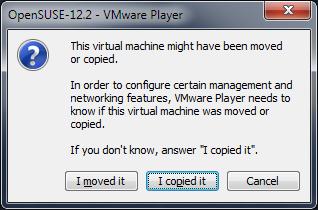 After VMware Player opens and before it boots the virtual machine, it will present you with dialog box resembling the following: Figure 2 Be sure to select I copied it.
