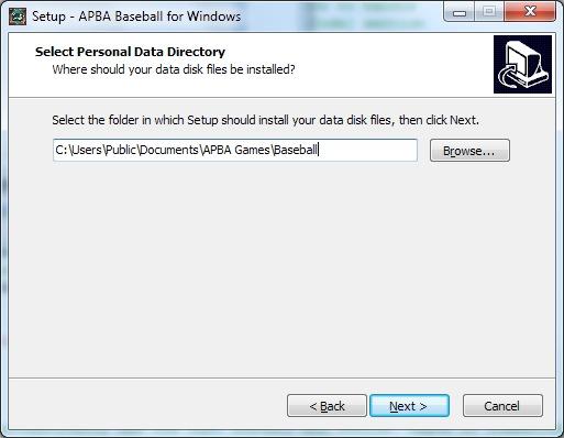 7. The Select Personal Data Directory screen appears. The default data folder for Windows XP is C:\Documents and Settings\All Users\Documents\APBA Games\Baseball.