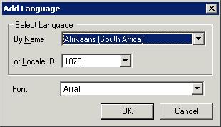 The Configure Languages dialog box appears. The Configure Languages dialog box shows the base (default) language of the Galaxy. 3 Click Add. The Add Language dialog box appears.
